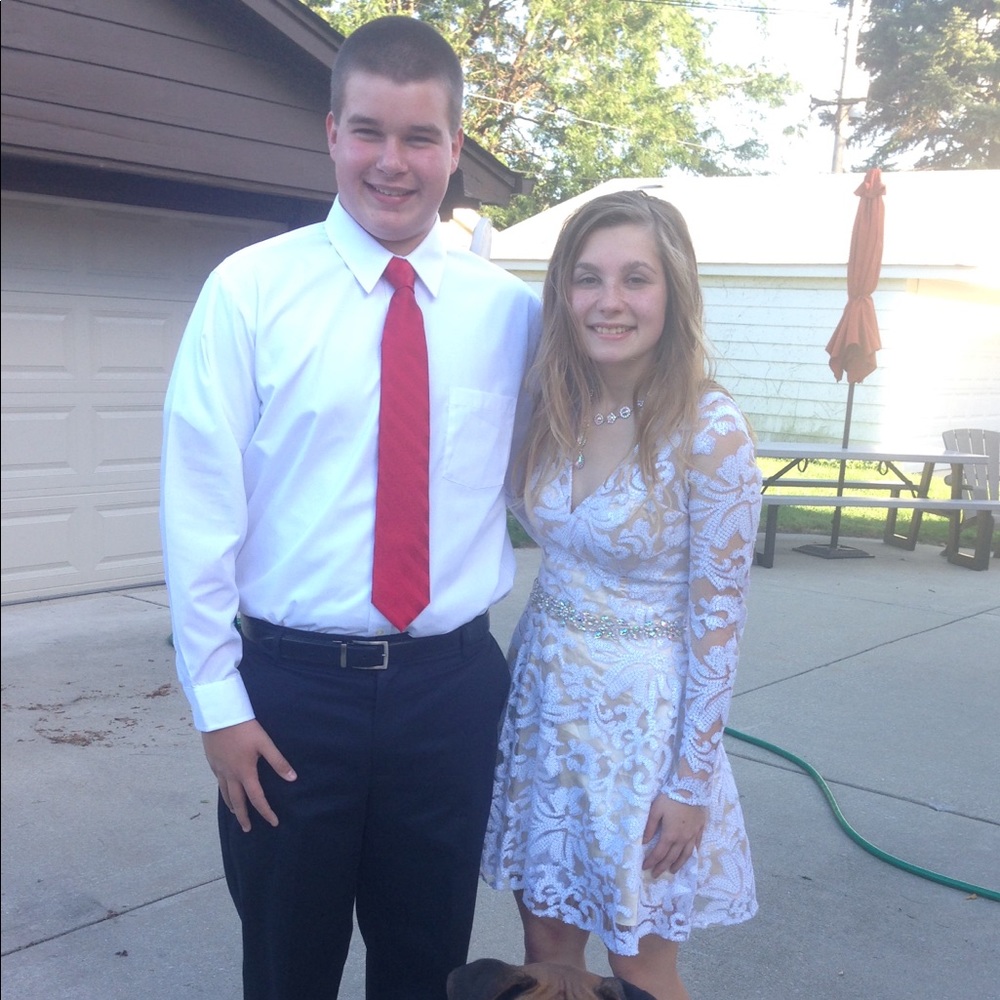 White and gold homecoming dress.
